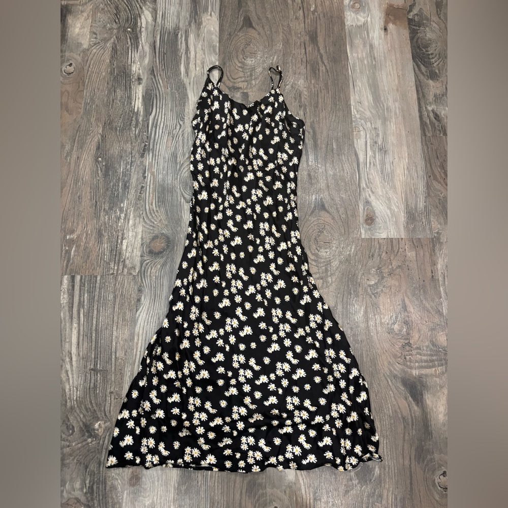 Bardot Black Slip midi silky Dress with White Daisy Print